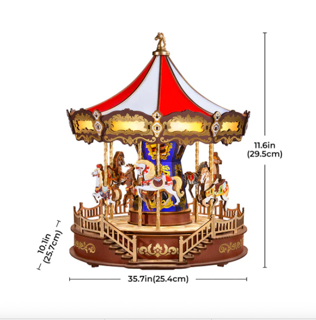 Decorative carousel model with dimensions indicated on a white background