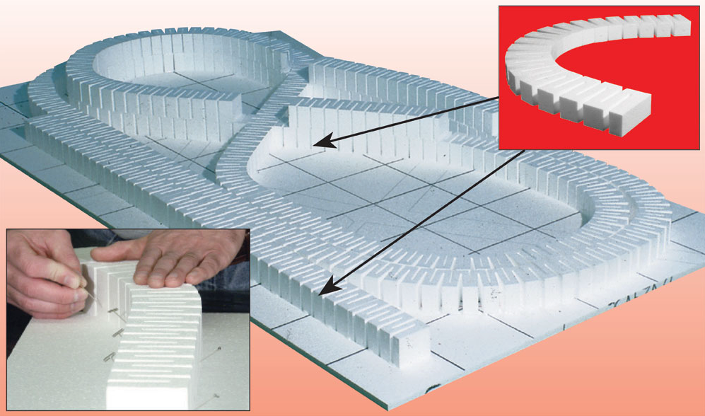 White dominoes arranged in a curved maze-like layout on a board, with inset photos showing hands placing dominoes and a close-up of a curved section of dominoes.