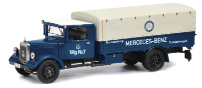 A die-cast model of a Mercedes-Benz lo 2750 transportwagen, predominantly blue with white roof and black details, on a white background.