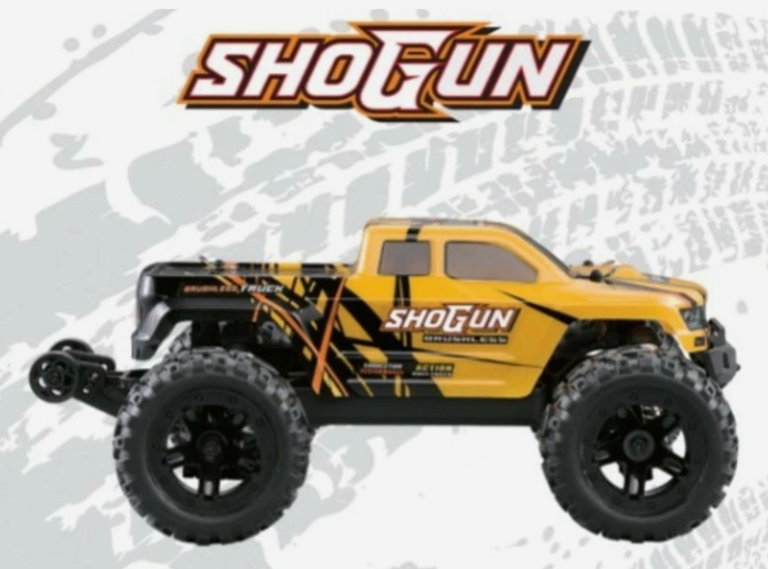 Yellow and black toy truck with 'Sho Gun' branding on a gray background
