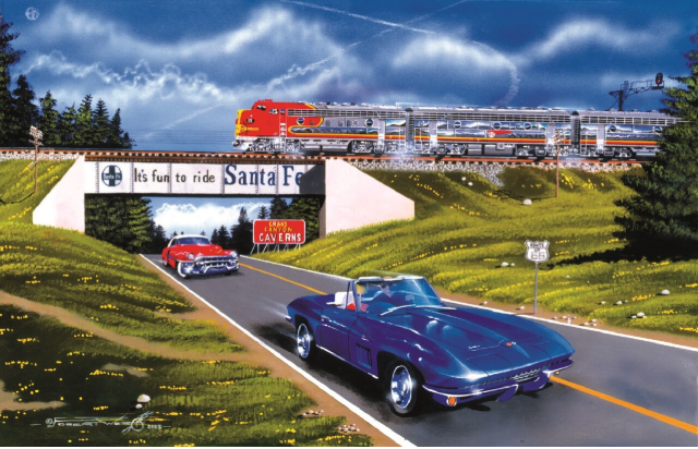 A colorful illustrated scene showing a red and silver passenger train traveling on tracks above a bridge with the words 'It's fun to ride Santa Fe.' A purple convertible car drives on a road below, with a red car and roadside signs visible in the landscape.