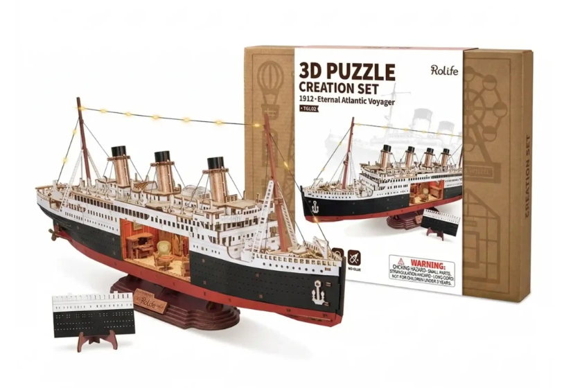 3D puzzle creation set of a ship model with packaging on a white background
