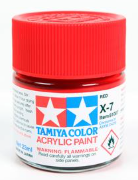 Red acrylic paint can with 'Tamiya' branding on a white background