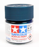 Tamiya Color acrylic paint can with blue lid on a white background