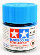 Blue acrylic paint can with Tamiya branding on a white background