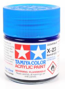 Tamiya color paint can with blue lid on a white background