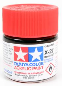 Tamiya color acrylic paint can with red lid and white label on a black background