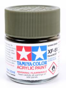 Tamiya Color acrylic paint can with green color swatch on a white background