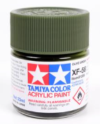 Tamiya Color acrylic paint jar with green lid on a white background