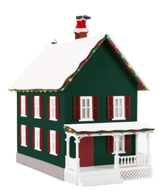 A green Christmas-themed house with Santa on the chimney, LED lighted interior, and LED string lighting on the roof.