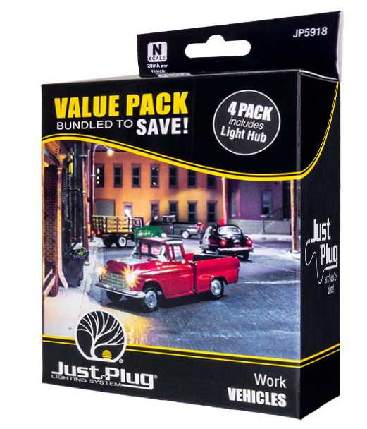 Just Plug work vehicles packaging with a red truck on a city street background