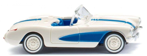 Model of a classic convertible car with white body and blue stripes on a white background