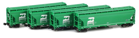A set of four green and gray ACF 3-bay runners for model trains.