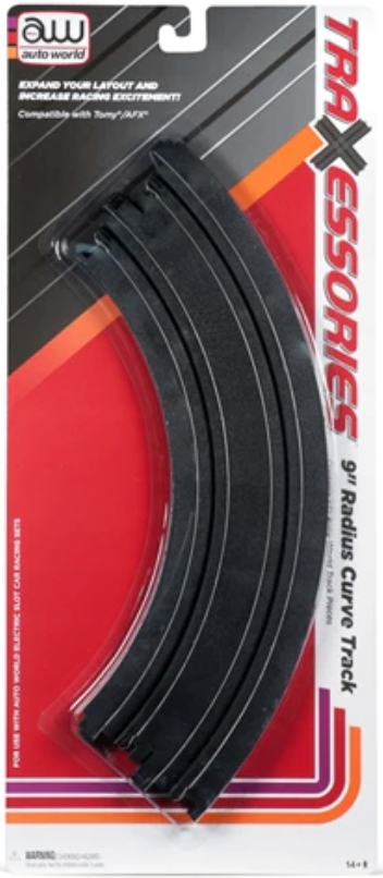 Two packs of 9-inch radius curve track for slot cars, displayed in clear packaging with red and black color theme.