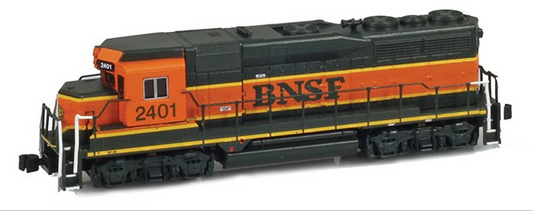 A model of the EMD GP30 diesel locomotive operated by the BNSF Railway in orange, black, and yellow colors with the number 2401 displayed.