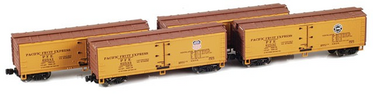 A set of four yellow, 40' PFE wooden reefer model train cars with the logos of UP and SP on the side.