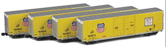 Four yellow Union Pacific 60' boxcars with gray detailing, part of a 4-car runner pack for model trains.