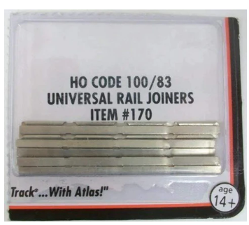 A pack of HO Scale Code 100/83 Nickel Silver 48pcs Rail Joiners, displayed in its packaging.