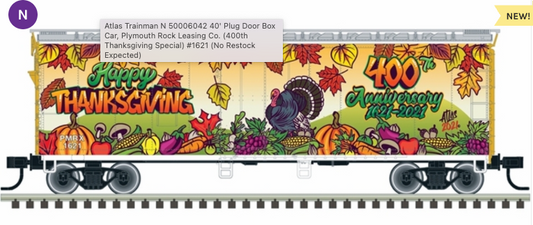 A model train car with a colorful Thanksgiving themed design, featuring turkeys, pumpkins, and autumn leaves.