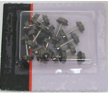 A pack of 12 blackened metal wheel sets for a 33 inch N scale model train.