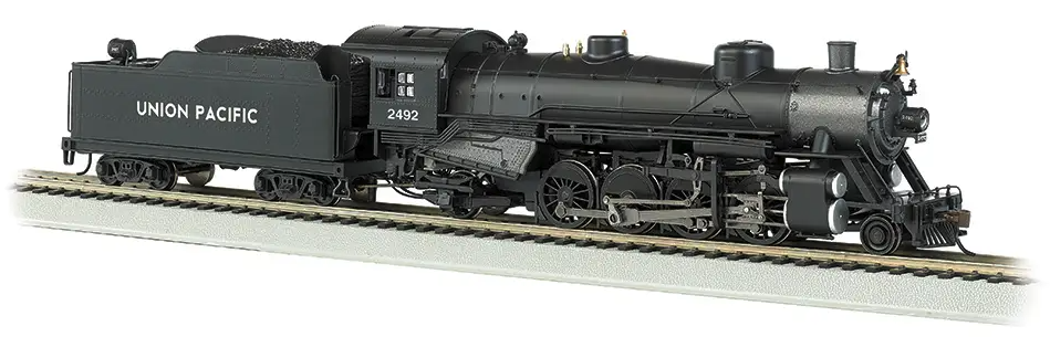 A model of a BACHMANN 54306 USRA LIGHT 2-8-2 steam engine with DCC sound value on a track.