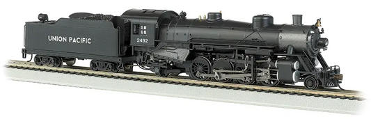 A model of a BACHMANN 54306 USRA LIGHT 2-8-2 steam engine with DCC sound value on a track.