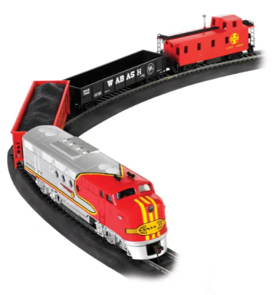 HO scale Santa Fe Flyer train set including a red and silver diesel locomotive, black and red freight cars, and a gray and red caboose on curved tracks.
