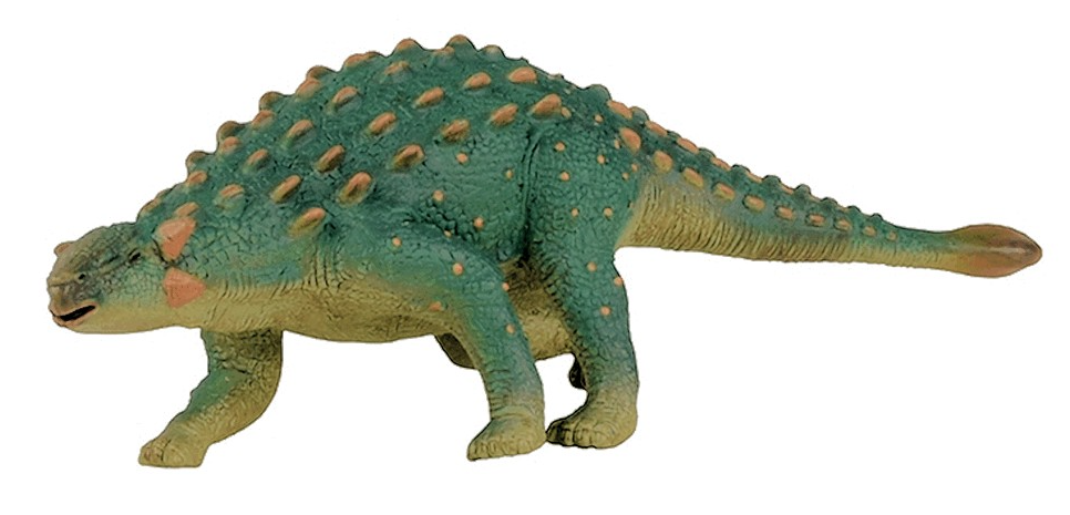 A 1:40 scale model of an Ankylosaurus dinosaur, predominantly green with beige accents, approved by the Natural History Museum.
