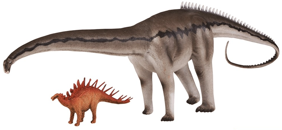 A set of two toy models depicting a diplodocus and a kentrosaurus at a 1:40 scale, hand-finished with realistic detail, posed in a display setting.