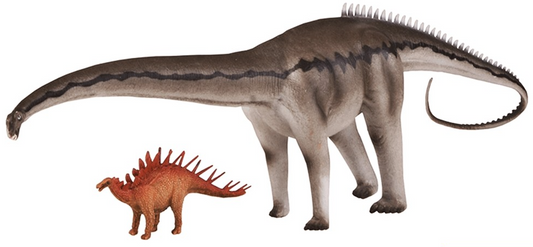 A set of two toy models depicting a diplodocus and a kentrosaurus at a 1:40 scale, hand-finished with realistic detail, posed in a display setting.