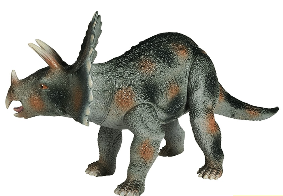 A toy figurine of a Triceratops dinosaur with articulated limbs, depicted in various colors including gray, brown, and beige.