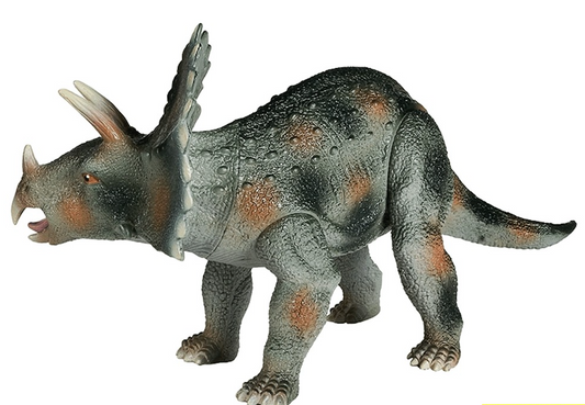 A toy figurine of a Triceratops dinosaur with articulated limbs, depicted in various colors including gray, brown, and beige.