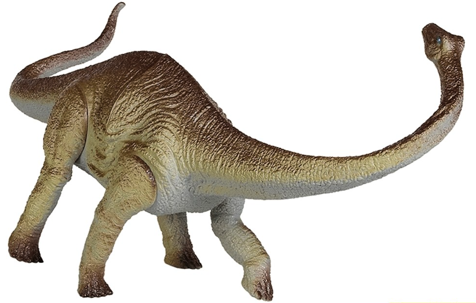 A toy figurine of an Apatosaurus dinosaur with articulated limbs, depicted in beige, brown, and gray colors.