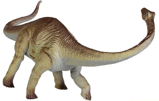 A toy figurine of an Apatosaurus dinosaur with articulated limbs, depicted in beige, brown, and gray colors.