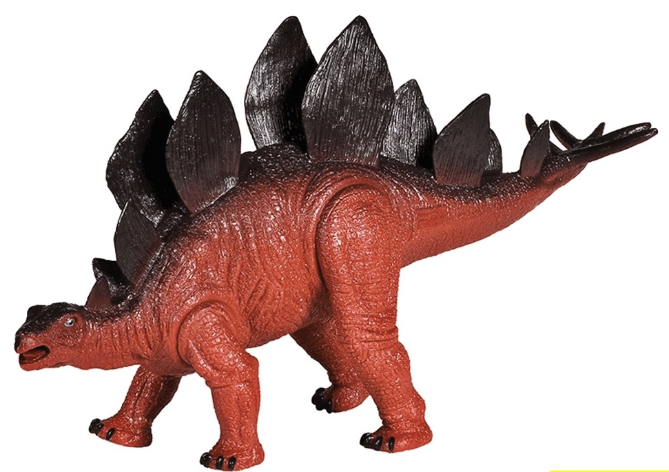 A 15-inch scale model of a Stegosaurus dinosaur with articulated limbs, finished in various colors.