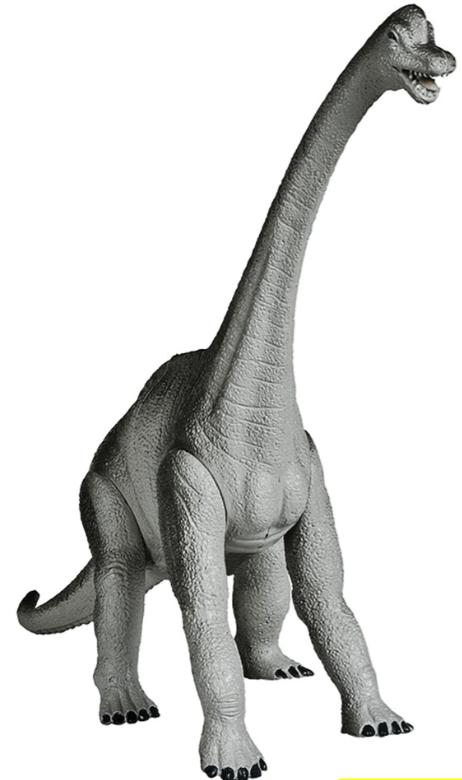 A toy figurine of a Brachiosaurus with articulated limbs, predominantly gray in color.