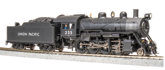 A black model of a 2-8-0 Consolidation steam locomotive with a die cast construction and detailed components such as handrails and a tender car.