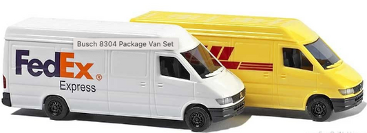 N scale package van set consisting of a white van and a yellow trailer with 'RLC' branding on the side.