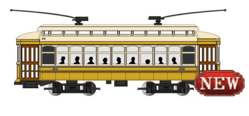A model of a yellow N Brill trolley car with the number 4131, designed for model train sets.