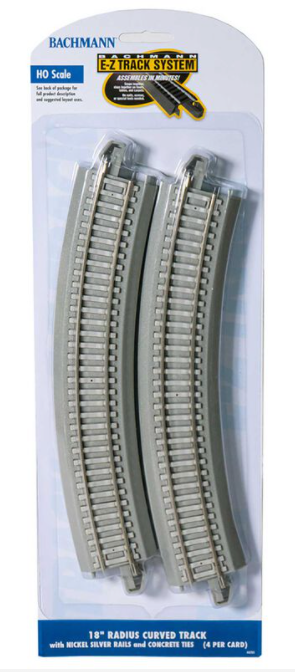 A set of four gray HO 18 inch radius curved tracks for model trains.
