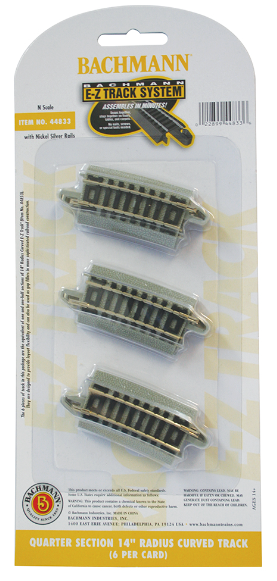 Pack of six curved track pieces for model trains, nickel silver with gray roadbed, in a clear plastic blister pack.