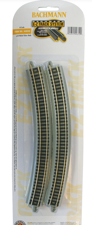 Package of Bachmann 15.50 inch radius curved track for N scale model trains displayed on a white background