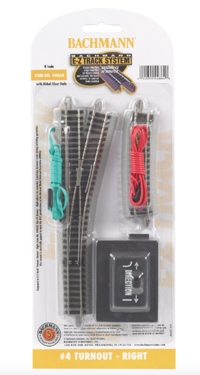 Bachmann N Scale #4 Turnout with gray track and red and green wiring visible in packaging.