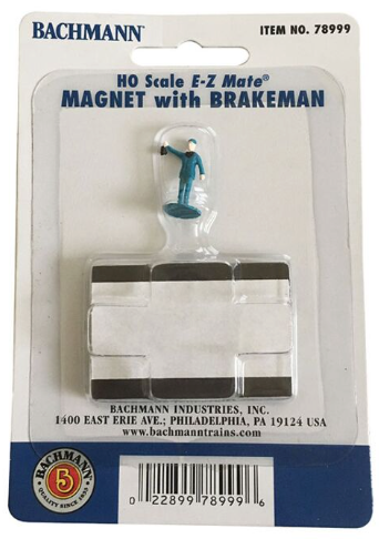 Packaged HO EZ Mate Uncoupler Magnet with Brakeman figure, designed for use in model train sets, visible in clear plastic packaging with blue and white label.