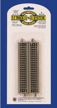 Packaging for Bachmann N 44811 EZ Track 5" Straight Track, showing the tracks inside clear plastic packaging with a blue background.
