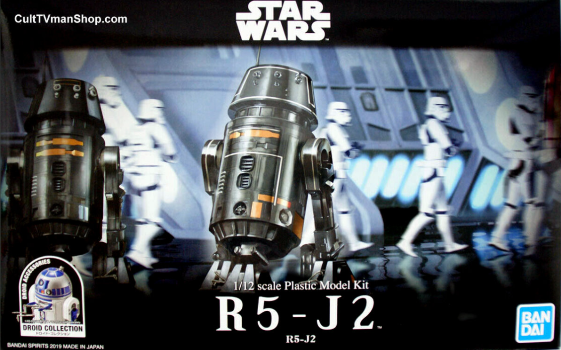 Packaging for Bandai R5-J2 1/12 model kit, featuring a model of the character R5-J2 from Star Wars on the front.