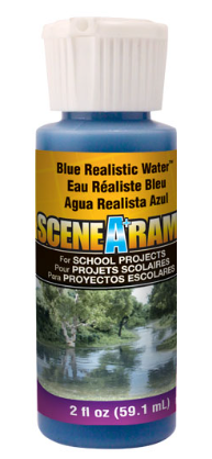 A bottle of Woodland Scenics Blue Realistic Water, designed for model train projects and dioramas.