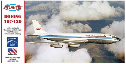 Boeing 707-120 model airplane kit packaging featuring the image of the aircraft in flight with clouds in the background.