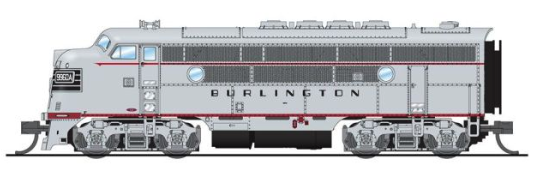Model of a gray EMD F3A diesel locomotive with detailed components and prototypical paint scheme, labeled 'Broadway Limited Imports' and 'Chicago Burlington Quincy'.