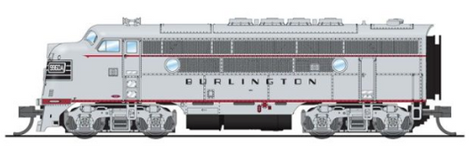 Model of a gray EMD F3A diesel locomotive with detailed components and prototypical paint scheme, labeled 'Broadway Limited Imports' and 'Chicago Burlington Quincy'.